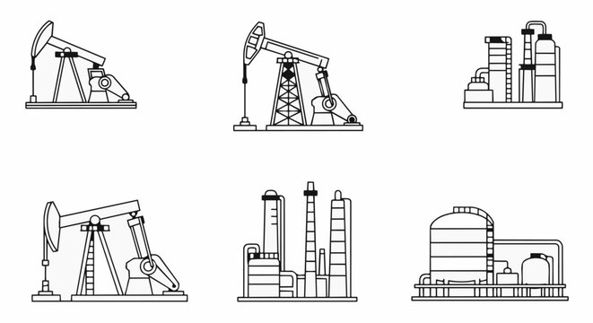 Oil pump jacks and industrial refinery plants line art icons.