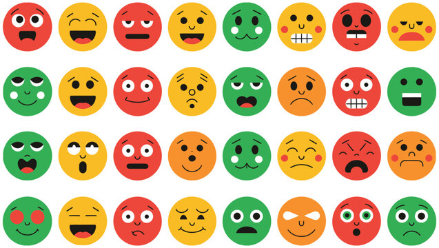 Emoji face icon set, flat colorful emoticons with multiple expressions including happy, sad, angry, and surprised, clean vector illustration for apps, websites, and user engagement and feedback system