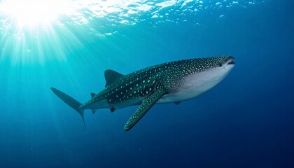 Naklejka premium Majestic whale shark with spotted pattern swimming slowly in blue ocean under sunlight rays