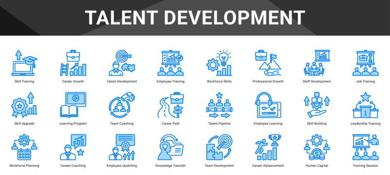TALENT DEVELOPMENT  Icon set collection. Vector icon pack featuring thematic icons for your presentations or business.