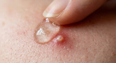 Fototapeta premium Macro view of finger applying salicylic acid serum to blemish