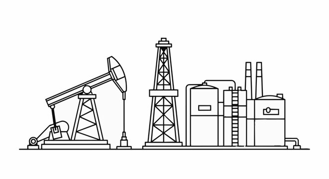 Oil pumpjack drilling rig and refinery industrial complex illustration 1.