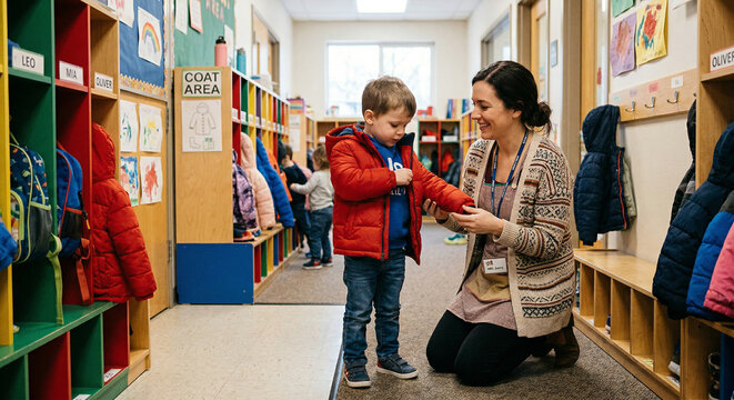 Preschool teacher assisting child with coat in corridor setting