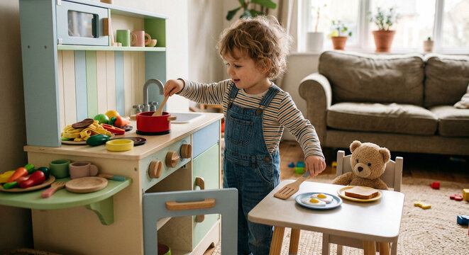 Tiny child engaging in imaginative play with toy kitchen set