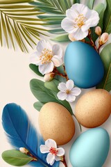 Naklejka premium Easter background with blue eggs, spring blossoms and decorative feathers on botanical leaves