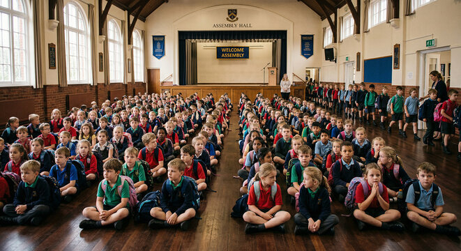 Children sitting quietly in school assembly hall