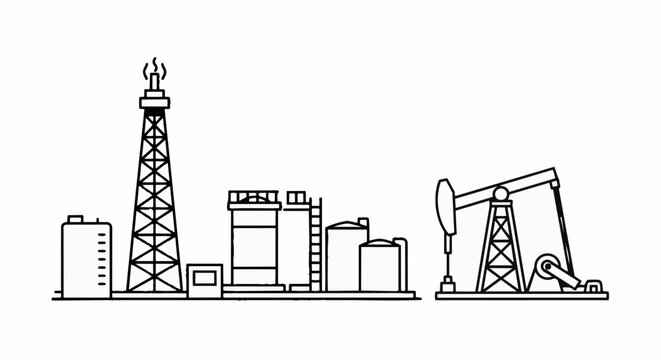 Oil rig and pumpjack industrial complex illustration.