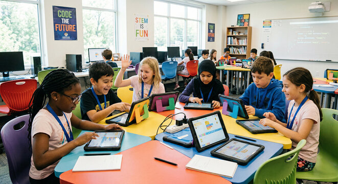 Group of school children coding on tablets in bright lab