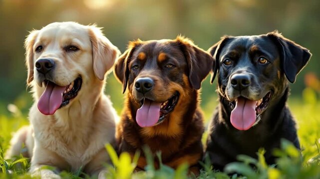 Three happy dogs with tongues out in sunlit field with colorful bokeh