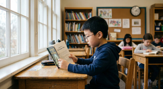Young boy reading a chapter book by window light