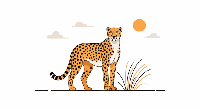 Cartoon cheetah with spots standing in dry grass under a sunny sky