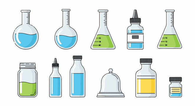 Collection of scientific glassware and containers filled with liquids