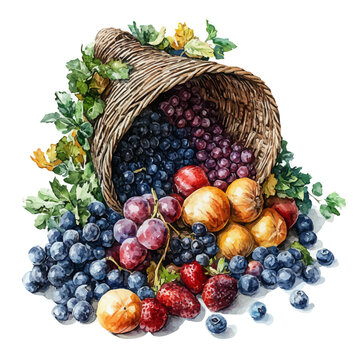 Cornucopia, cute watercolor illustration with intricate patterns and vibrant splashes, isolated on a white background.