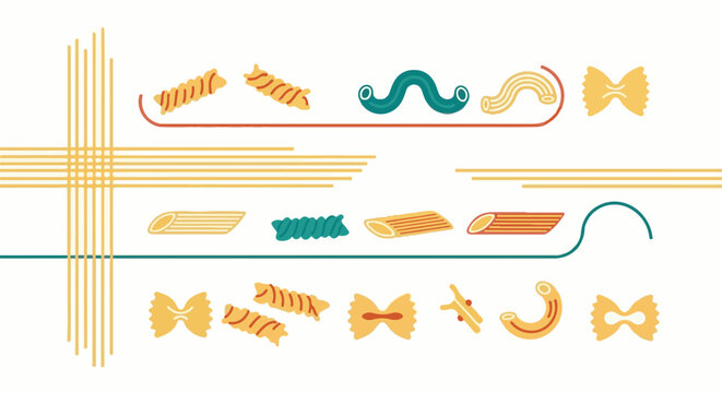 A whimsical assortment of pasta shapes and lines on a white background
