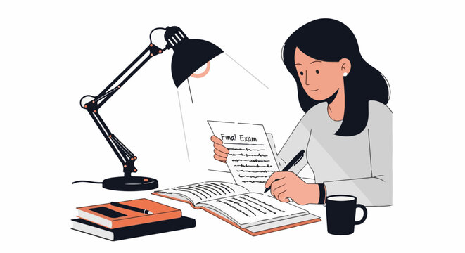 Young person studying late at night with a desk lamp, books, and a mug