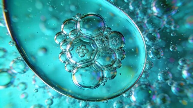 Abstract Macro Shot of Blue Oil Bubbles in Water Resembling Biological Cells