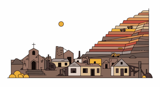 Stylized depiction of a mining town with a church, houses, and trucks on a terraced hill