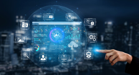 Fototapeta premium AI analytics turns data into insight for business planning, reporting, and decision support. Use AI analytics to monitor performance, automate analysis, and guide strategy. Corpus