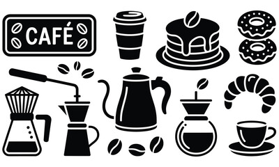Fototapeta premium Black and white illustration of coffee pastries and caf signage