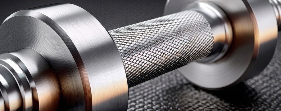 Close-up macro of textured metal dumbbell grip conveying strength, fitness and professional gym equipment