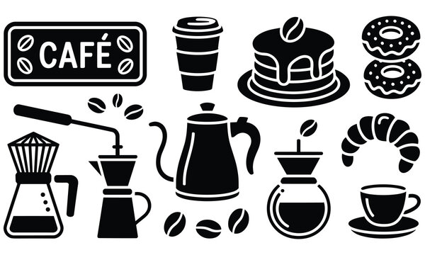 Black and white illustration of coffee pastries and caf signage