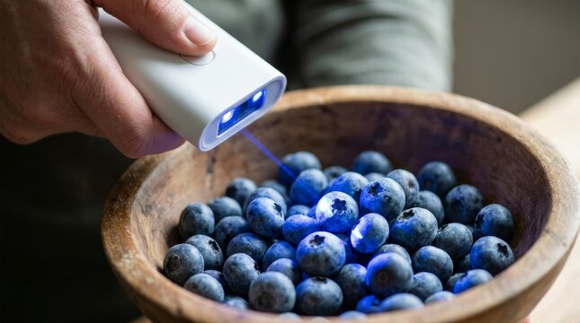Hand holding uv light wand over bowl of fresh blueberries with uv light
