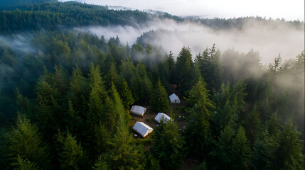Fototapeta premium Aerial view of a secluded forest camp nestled within a dense pine forest, with morning fog drifting through the treetops, evoking a serene and peaceful atmosphere