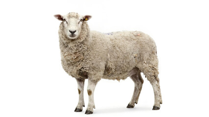Fototapeta premium Full Body Portrait of White Sheep Standing Isolated on White Background