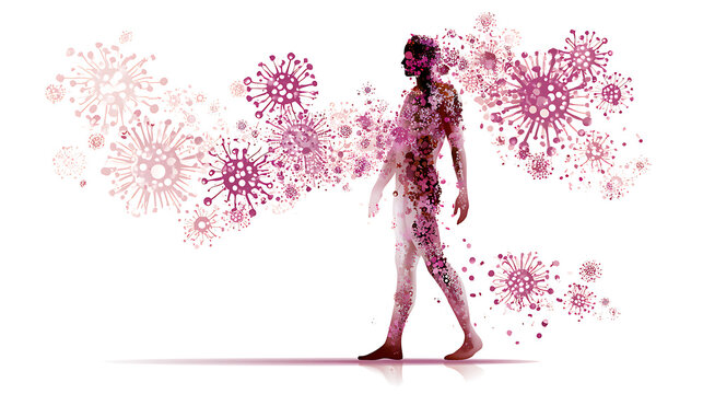 Illustration showing effects of autoimmune disease on human body with viruses on white background. 