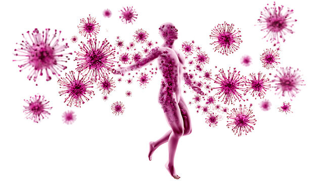 Illustration showing effects of autoimmune disease on human body with viruses on white background. How autoimmune disease affects the human body. The body is filled with viruses represented in pink co