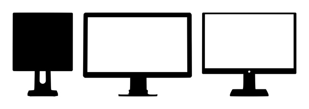 Desktop monitor set with black silhouette on white background featuring computer, monitor, electronics with minimalist and illustration