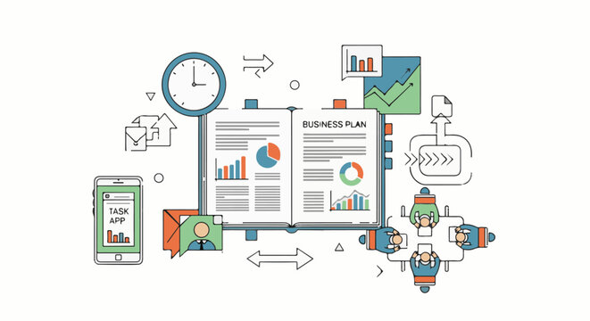 Business plan development with team, clock, and task app