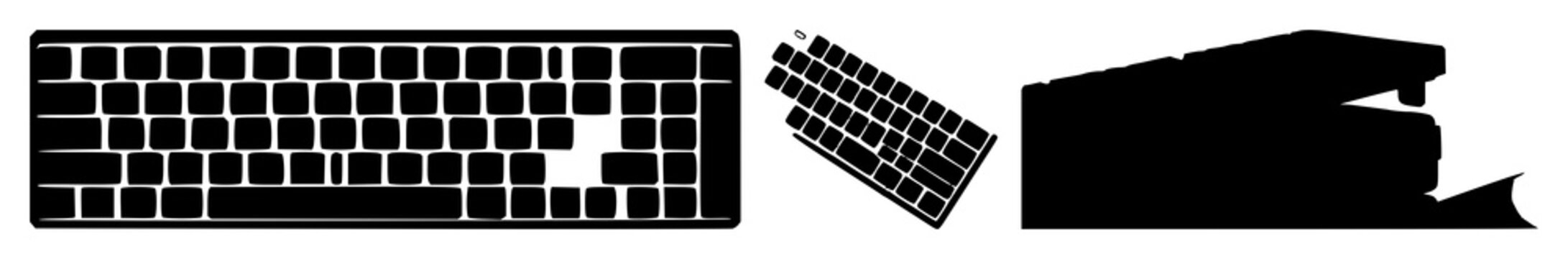 Keyboard set with black silhouette against white background featuring input device, computer peripheral, office accessories with monochrome and minimalist design