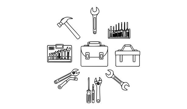 Hand tools vector icon set with hammer wrench screwdriver and tool kit box in circular layout
