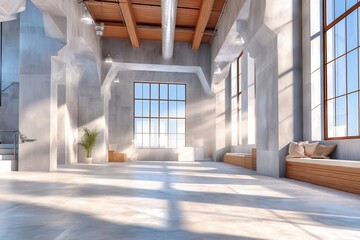 Naklejka premium Bright industrial loft interior with large windows, high ceilings and unfinished concrete surfaces