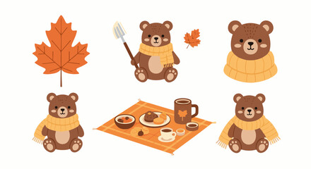 Fototapeta premium Cute cartoon bears and autumn treats in a cozy seasonal display