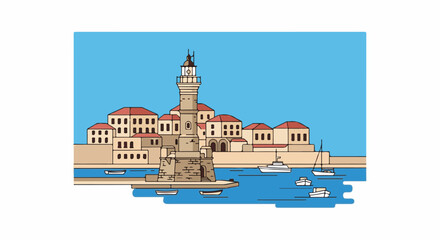 Fototapeta premium Mediterranean coastal town with lighthouse, buildings, and boats