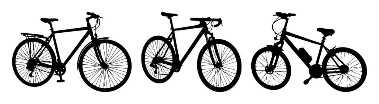 Bicycle set with black silhouette on white background featuring cycling, transport, sport with outline, illustration and vector
