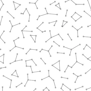 Seamless Node Constellation Pattern, Minimal Abstract Star Connection Lines, Black Line Art Vector Background