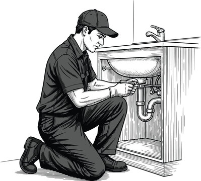 Man in cap and gloves repairs plumbing under sink with wrench plumber