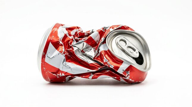 A hand-crushed, silver-and-red soda can on a white background.