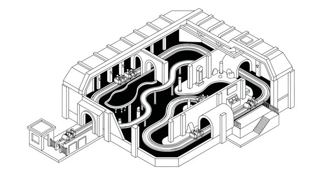 Isometric architectural drawing of an elaborate indoor dark ride or roller coaster layout featuring winding tracks, tunnels, and structural pillars.