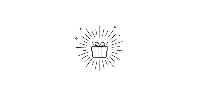 Minimalist line art illustration of a gift box with shining rays and stars symbolizes surprises and special celebrations.