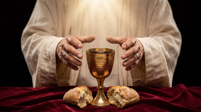 Holy Communion: A chalice of wine and broken bread symbolize the body and blood of Jesus Christ