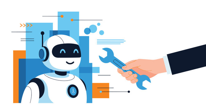 Human hand offering a blue wrench to a cute smiling robot represents artificial intelligence maintenance and support.