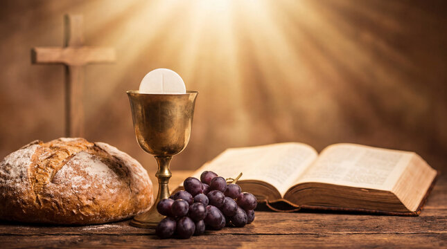 Sacred Holy Communion scene with chalice, host, bread, grapes, Bible, and a cross. Symbolic of Eucharist