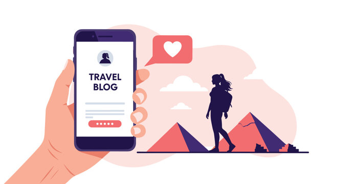 Smartphone held by a hand displaying a travel blog application with a traveler silhouette and Egyptian pyramids background.