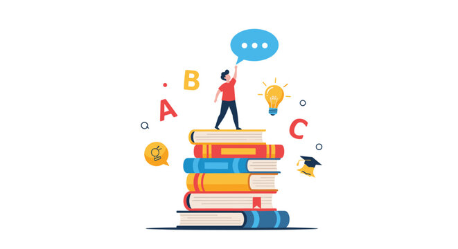 Little boy standing on a tall stack of colorful books and reaching for a speech bubble representing learning and education.