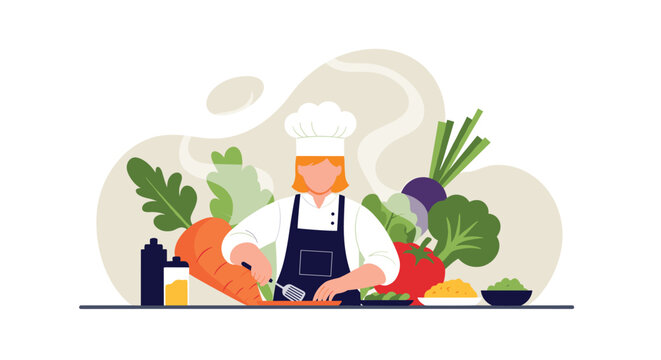 Professional female chef in a white uniform chopping fresh vegetables on a kitchen counter with various colorful produce.