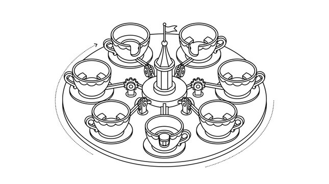 Line drawing of a classic amusement park teacup ride with six spinning cups and a central decorative spire, indicating rotation.